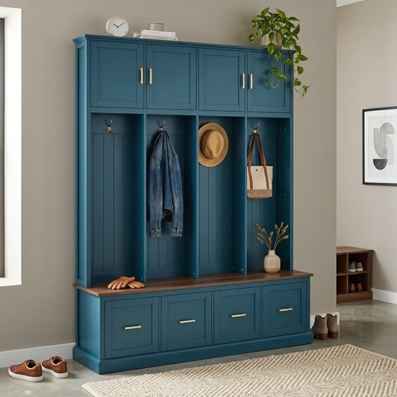Farmhouse Hall Tree Entryway Storage Bench with Top Storage Cabinets, Mudroom Organizer Shoe Bench with 4 Drawers, Entryway Coat Rack with Hooks for Living Room Hallway