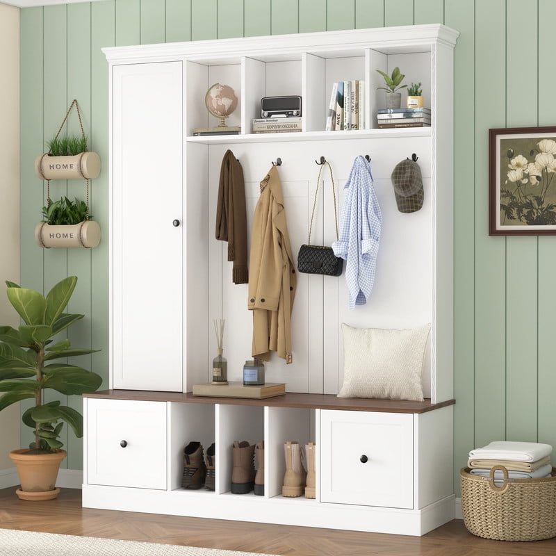 Farmhouse Hall Tree with Open Compartments, Entryway Coat Rack with 5 Hooks and Adjustable Shelf Cabinet, Entryway Bench for Hallway, Entryway, Living Room