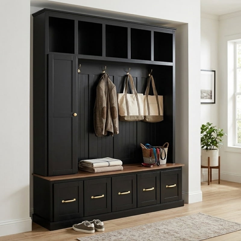 Farmhouse Hall Tree with Open Cubbies, Entryway Coat Rack with Hooks, Multi-Functional Mudroom Organizer with Storage Drawers for Shoes, Bags and Accessories