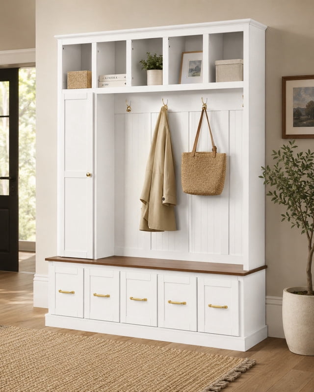 Farmhouse Hall Tree with Open Cubbies, Entryway Coat Rack with Hooks, Multi-Functional Mudroom Organizer with Storage Drawers for Shoes, Bags and Accessories