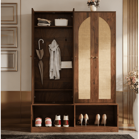 Farmhouse Hall Tree with Rattan Doors - Versatile 4-In-1 Seating Bench with 6 Hooks, Mid-Century Entryway Shoe Cabinet with Shelf for Living Room, Hallway, Mudroom, 55.1"W