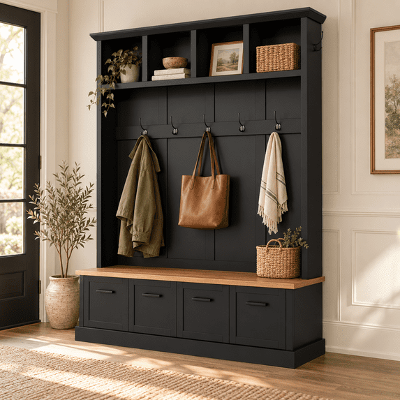Open Shelf Rack Design Farmhouse Hall Tree with Storage Bench, Entryway Coat Rack with 6 Hooks ...
