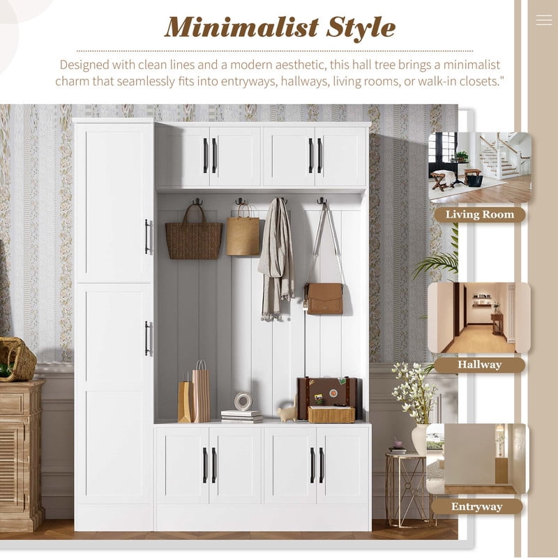 Farmhouse Hall Tree with Storage Cabinets, 79'' H Coat Rack with 4 Hooks and Adjustable Shelf, Entryway Bench with Shoe Storage for Hallway, Living Room