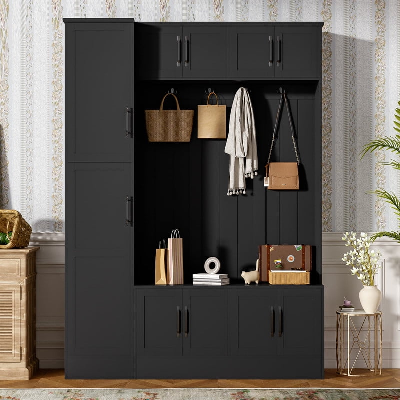 Farmhouse Hall Tree with Storage Cabinets, 79'' H Coat Rack with 4 Hooks and Adjustable Shelf, Entryway Bench with Shoe Storage for Hallway, Living Room