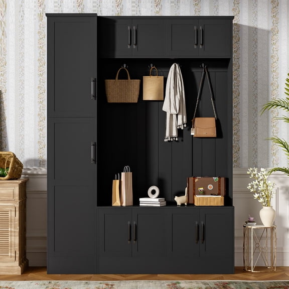 Farmhouse Hall Tree with Storage Cabinets, 79'' H Coat Rack with 4 Hooks and Adjustable Shelf, Entryway Bench with Shoe Storage for Hallway, Living Room