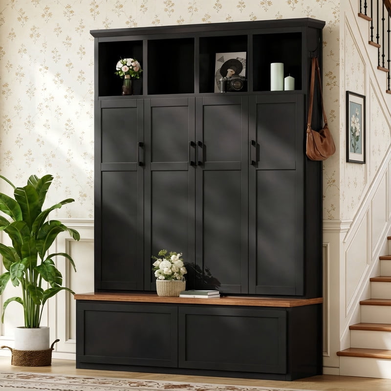 Farmhouse Hall Tree w/ 4 Cabinets w/ Door, Mudroom Coat Rack w/ Open Shelves, Entryway Storage Shoe Bench w/ 2 Drawers & 6 Hooks