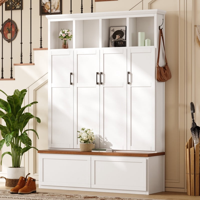 Farmhouse Hall Tree w/ 4 Cabinets w/ Door, Mudroom Coat Rack w/ Open Shelves, Entryway Storage Shoe Bench w/ 2 Drawers & 6 Hooks