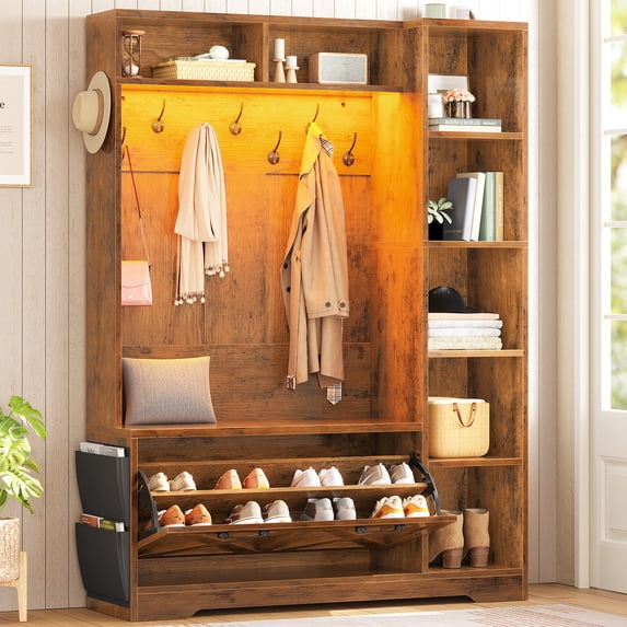 Farmhouse Hall Tree with 10 Coat Hooks, Bench and Shoe Storage, Entryway Bench with Flip Drawers, 7 Shelves and Led Lights for Entryway, Hallway