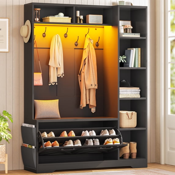 Farmhouse Hall Tree with 10 Coat Hooks, Bench and Shoe Storage, Entryway Bench with Flip Drawers, 7 Shelves and Led Lights for Entryway, Hallway