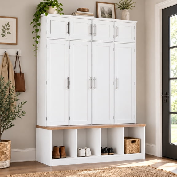 Farmhouse Hall Tree with 4 Hidden Hanging Hooks, Versatile Seating Bench with Open Compartment, Entryway Coat Rack with 8 Doors for Living Room
