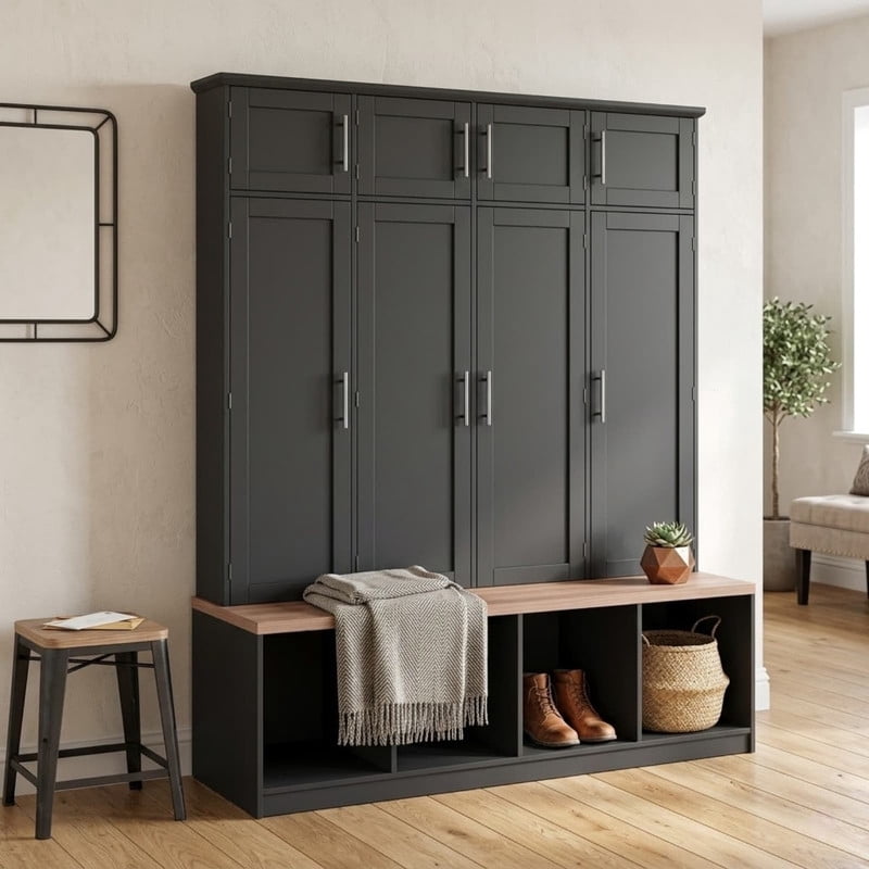 Farmhouse Hall Tree with 4 Hidden Hanging Hooks, Versatile Seating Bench with Open Compartment, Entryway Coat Rack with 8 Doors for Living Room