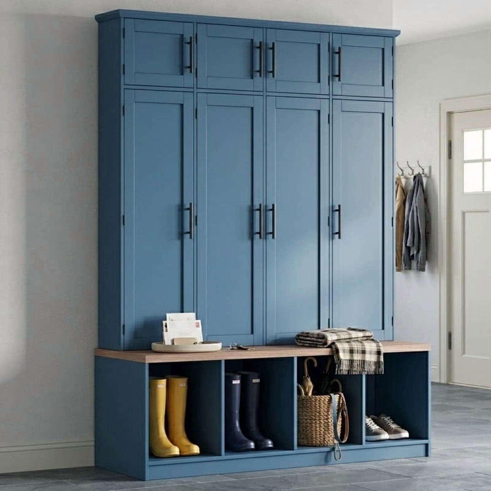 Farmhouse Hall Tree with 4 Hidden Hanging Hooks, Versatile Seating Bench with Open Compartment, Entryway Coat Rack with 8 Doors for Living Room