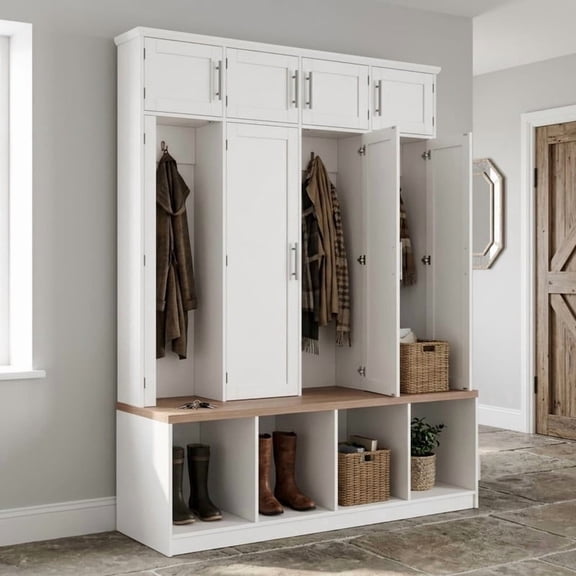 Farmhouse Hall Tree with 4 Hidden Hanging Hooks, Versatile Seating Bench with Open Compartment, Entryway Coat Rack with 8 Doors for Living Room