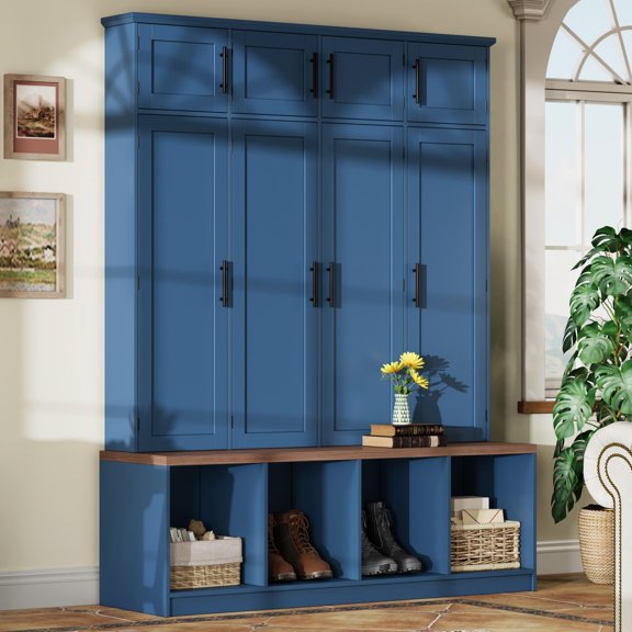 Farmhouse Hall Tree with 4 Hooks, Walnut Bench, Shoe Cabinet & Storage - Blue