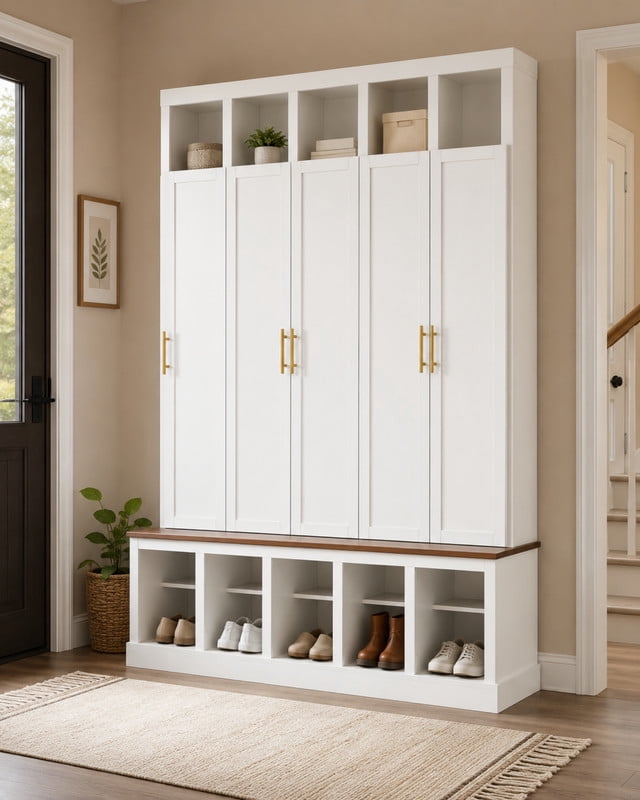 Farmhouse Hall Tree with 5 Doors and Top Storage Compartments, Entryway Coat Rack with Hooks, Mudroom Bench with Shoe Cubbies for Hallway Living Room