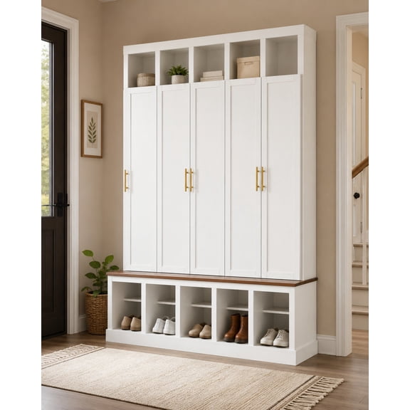 Farmhouse Hall Tree with 5 Doors and Top Storage Compartments, Entryway Coat Rack with Hooks, Mudroom Bench with Shoe Cubbies for Hallway Living Room