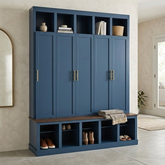 Farmhouse Hall Tree with 5 Doors and Top Storage Compartments, Entryway Coat Rack with Hooks, Mudroom Bench with Shoe Cubbies for Hallway Living Room