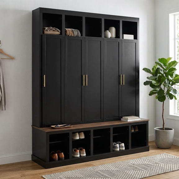 Farmhouse Hall Tree with 5 Doors and Top Storage Compartments, Entryway Coat Rack with Hooks, Mudroom Bench with Shoe Cubbies for Hallway Living Room