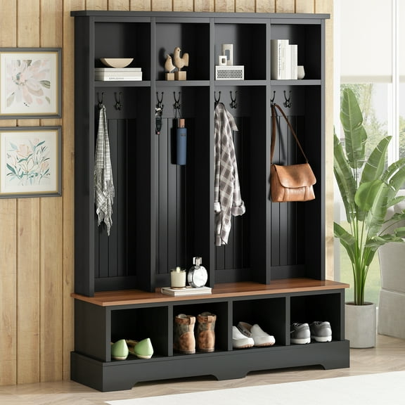Farmhouse Hall Tree with 8 Hooks, Entryway Bench, Shoe Rack - Black