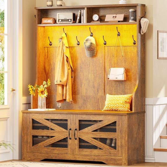 Farmhouse Hall Tree with 9 Coat Hooks, Bench and Shoe Storage, 5-in-1 Entryway Bench