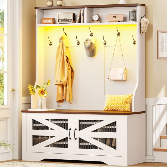 Farmhouse Hall Tree with 9 Coat Hooks, Bench and Shoe Storage, 5-in-1 Entryway Bench