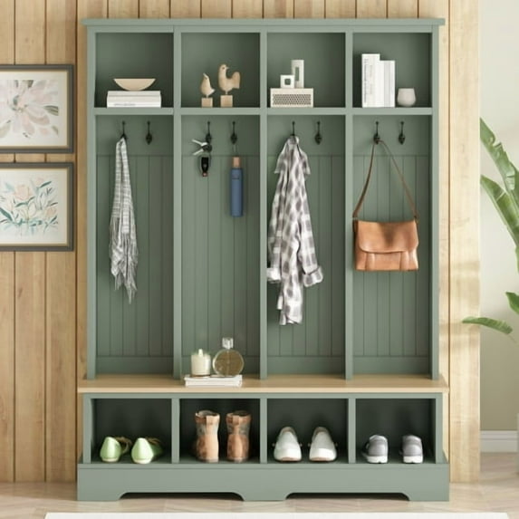 Farmhouse Hall Tree with Bench, 59" Wide Entryway Organizer with 8 Hooks & Storage Compartments, Modern Coat Rack & Shoe Bench for Mudroom,Green