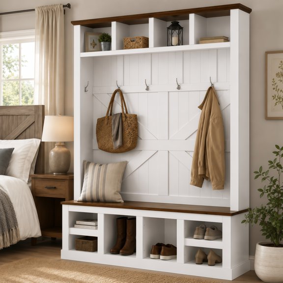 Farmhouse Hall Tree with Bench, Coat Rack & Shoe Storage, White Walnut