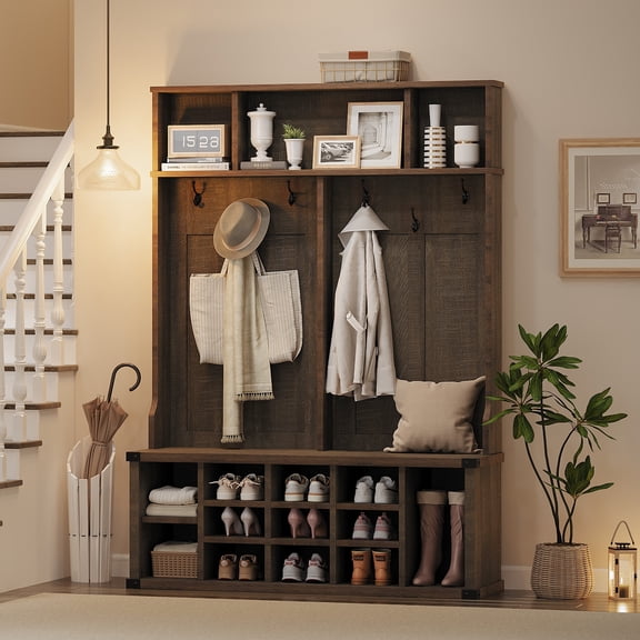 Farmhouse Hall Tree with Bench & Shoe Storage, Entryway Coat Rack Organizer - 12 Shoe Cubbies, Adjustable Shelves, 5 Double Hooks - Color: Brown-Red