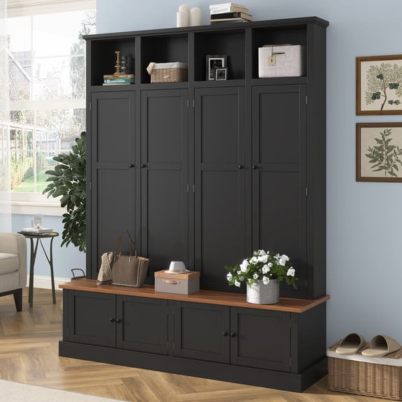 Farmhouse Hall Tree with Open Compartments, 4-in-1 Entryway Bench with Storage Cabinets, Modern Coat Rack with 4 Hooks for Hallway Entryway