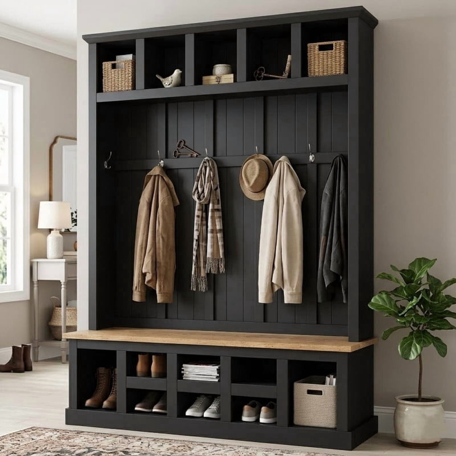 Farmhouse Hall Tree with Shoe Storage Bench and 13 Compartments, Entryway Coat Rack with 6 Hooks, Elegant Shoe Cabinet for Mudroom, Living room