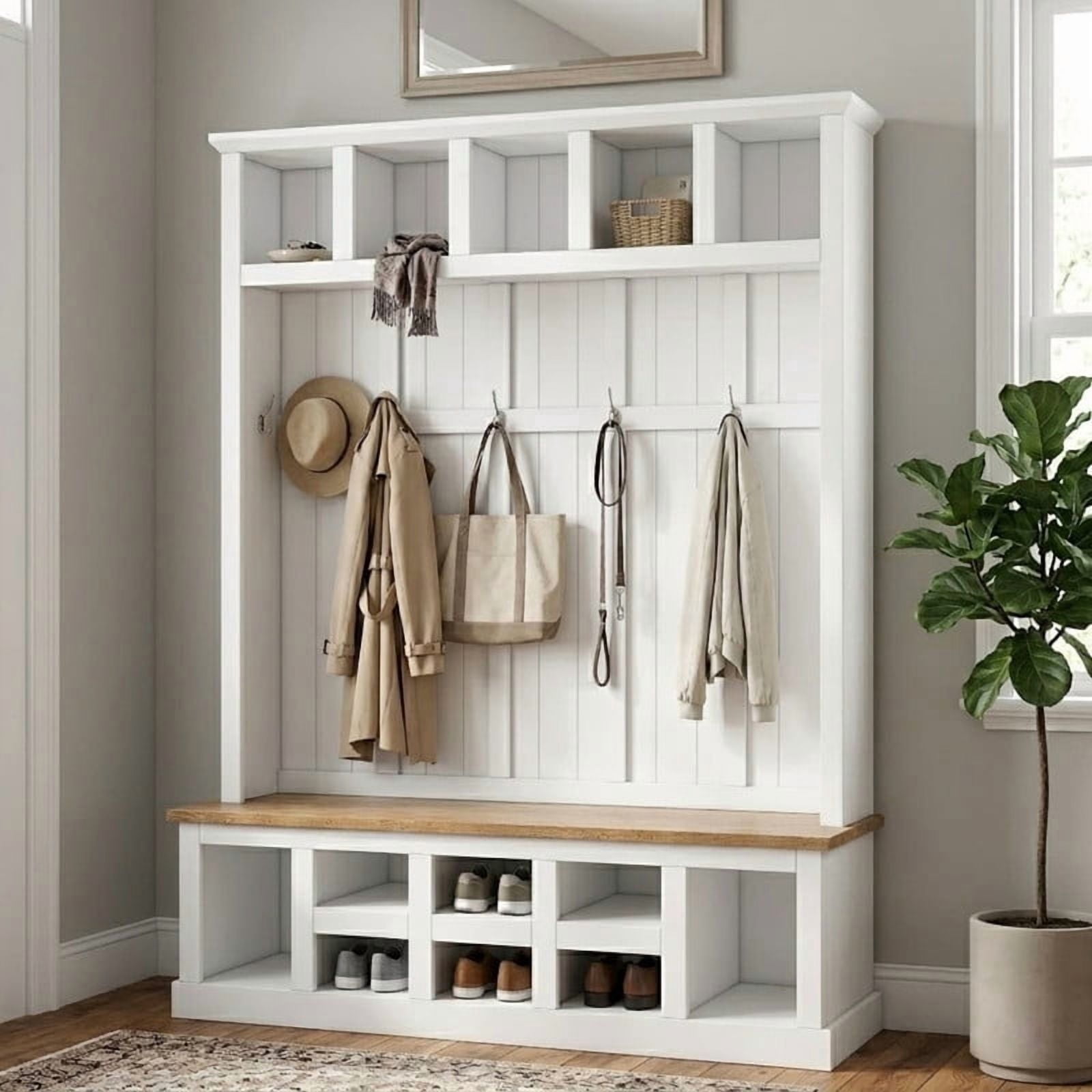 Farmhouse Hall Tree with Shoe Storage Bench and 13 Compartments, Entryway Coat Rack with 6 Hooks, Elegant Shoe Cabinet for Mudroom, Living room
