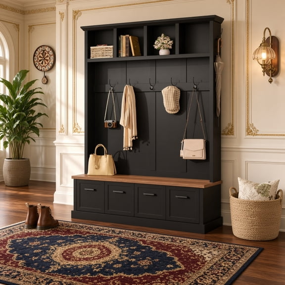 Farmhouse Hall Tree with Storage Bench & 7 Hooks, Mudroom Coat Rack with Cabinets, Entryway Organizer, Black