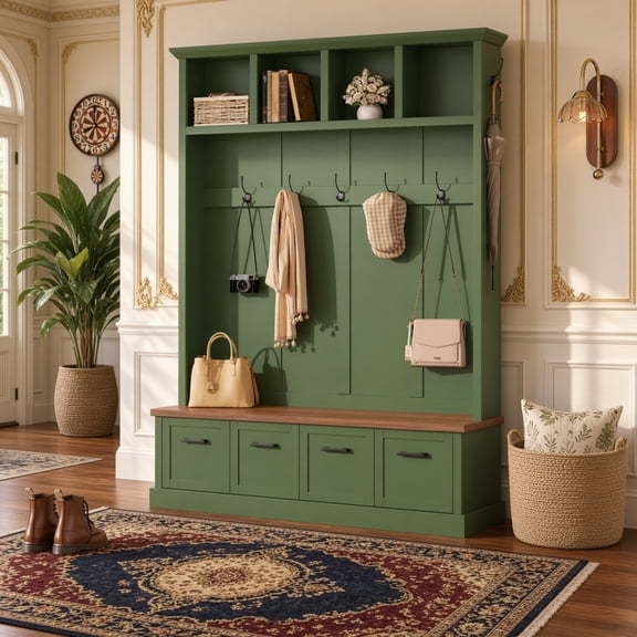 Farmhouse Hall Tree with Storage Bench & 7 Hooks, Mudroom Coat Rack with Cabinets, Entryway Organizer, Green