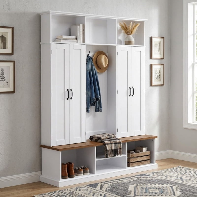 Farmhouse Hall Tree with Top Cubbies, Entryway Bench with Open Compartments, 62.2'' W Coat Rack with Hooks and Cabinets for Hallway Mudroom