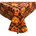 thumbnail image 1 of Farmhouse Halloween Flannel Backed Vinyl Tablecloth: Fun and Spooky Jack O Lantern Pumpkins on Orange Black Check Background 52" x 70", 1 of 3