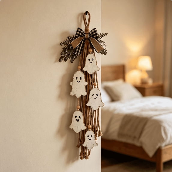 Farmhouse Halloween Ghost Wall Hanging Decor, Wooden Cute Ghost Door Hanger with Bow Greenery, Rustic Halloween Wall Art for Front Door Home Porch Decoration