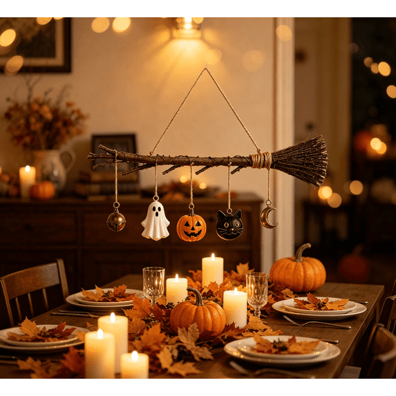 Farmhouse Halloween Wall Hanging, Natural Twig Witch Broom Decor With Spooky Hanging Charms, Vintage Wall Art for Living Room Kitchen and Entryway Space