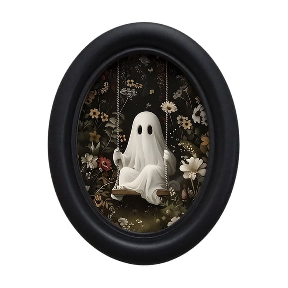 Farmhouse Halloween Wall Hanging, Wooden Framed Ghost Artwork, Retro Rustic Oval Frame Prints, For Bedroom Shelf And Wall Halloween Decor