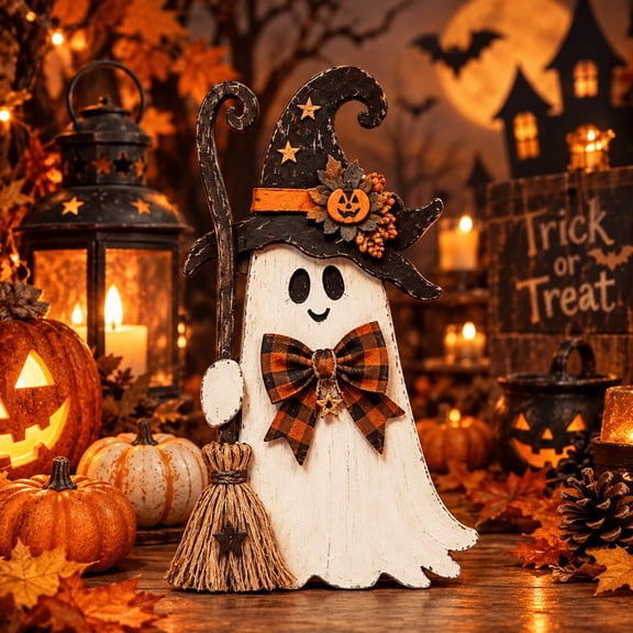 Farmhouse Halloween Wooden Block, Ghost with Witch Hat and Broom, Rustic Fall Tiered Tray Decor, Tabletop Sign