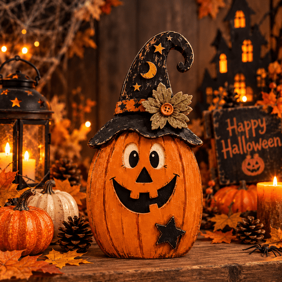 Farmhouse Halloween Wooden Block, Pumpkin with Witch Hat, Rustic Fall Tiered Tray Decor, Tabletop Sign