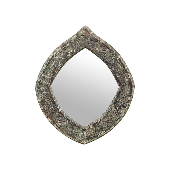 Farmhouse Hand Carved Distressed Mirror | Wall Hanging Home Decor | Wooden Wall Mirror | Oval Shape Decorative Vanity Mirror | Boho Chic