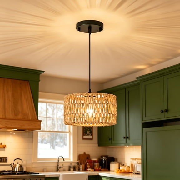 Farmhouse HandWoven Rattan Pendant Light, SemiFlush or Hanging Mount with Adjustable Length, Bohemian Rustic Modern Lighting Fixture for Kitchen Island, Dining Room & Bedroom, Bulbs Not Included