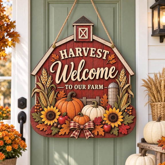 Farmhouse Harvest Welcome Wooden Door Sign for Autumn Entryway Decor