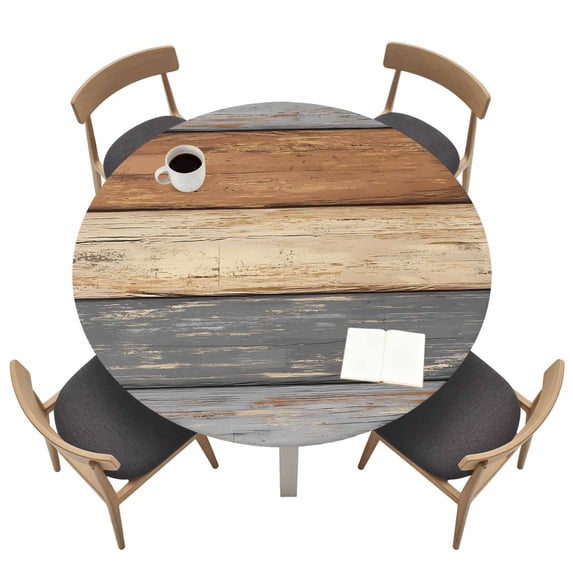 Farmhouse Haze Blue Brown Fitted Tablecloth with Elastic Edged, Round Table Cloth for Dining Table, Vintage Wooden Striped Waterproof Oil Proof Table Cover for Indoor Outdoor 55"-60"