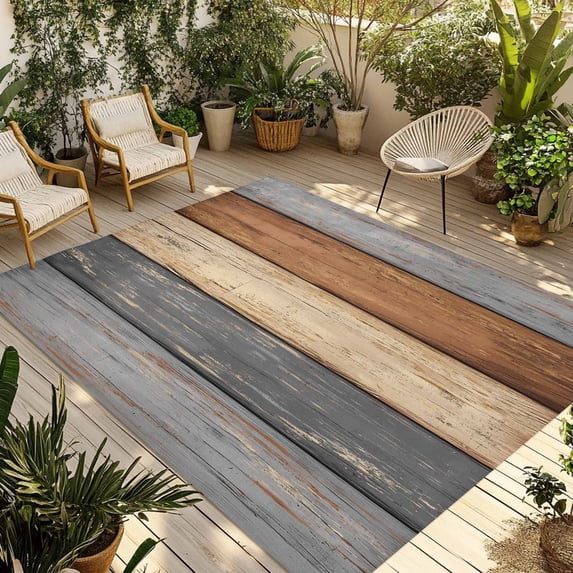 Farmhouse Haze Blue Brown Outdoor Rug 3x5 Ft - Reversible Patio Rug Outdoor Camping Rugs, Vintage Wooden Striped Washable Indoor Outdoor Area Rugs, Non-Slip Outdoor Carpet Runner for Deck/Porch