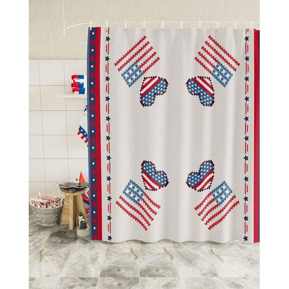 Farmhouse Heart American USA Flag Shower Curtain, Star 4th of July Shower Curtain Set with Hooks, Spring Summer Waterproof Fabric Shower Curtains for Bathroom Decor, 72x72 Inch Bath Curtain