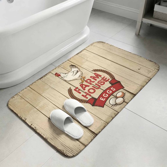 Farmhouse Hen Bathroom Rugs Non Slip Washable Bath Mat Absorbent Low Pile Front Door Mat Vintage Country Eggs Chicken Wooden Indoor Doormat for Kitchen Entryway Shower Decor Accessories 19.7"x31.5"