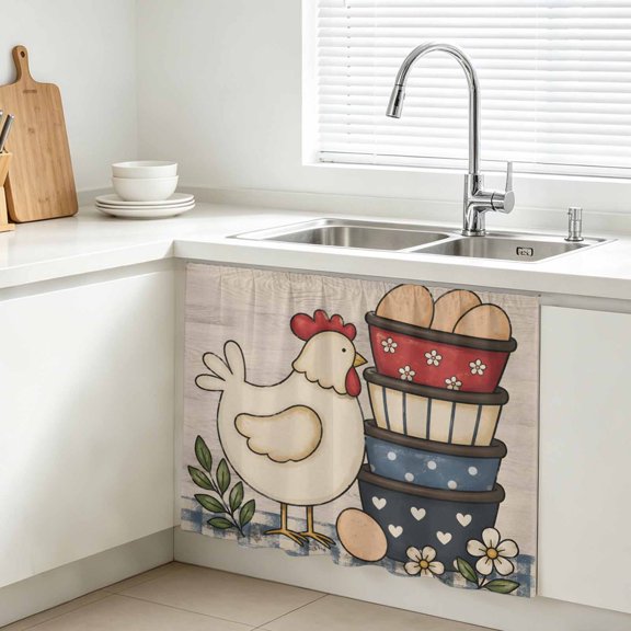 Farmhouse Hen Cabinet Curtain, Country Vintage Farm Egg Flower Leaf Blue Plaid Sink Skirt for Bathroom, Under Sink shelf Curtain Privacy Drape for Kitchen Laundry Room 10x11in