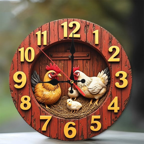 Farmhouse Hen Chicks Family Wall Clock 10-Inch Silent Wooden Wall Clock, Battery Operated (AA Batteries Not Included), Artistic Home Decor