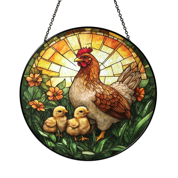 Farmhouse Hen and Chick Decorative Window Hanging, Stained Glass Style Art Panel for Rustic Home